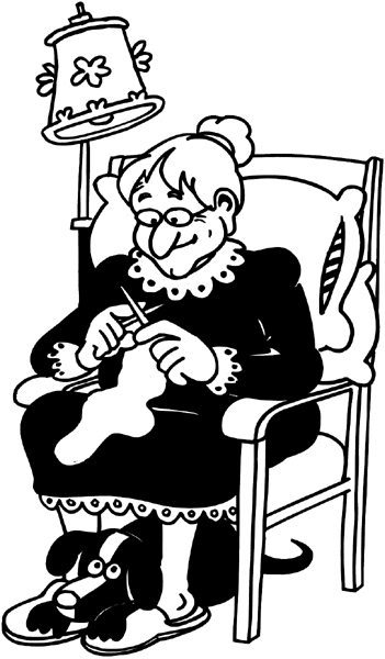 Elderly lady knitting a sock vinyl decal. Customize on line. Hobbies 062-0094